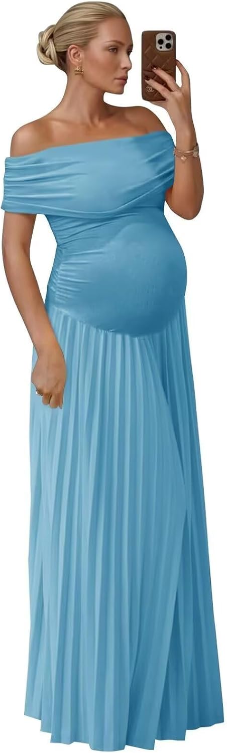 SoDigne Women‘s Off Shoulder Maternity Dresses for Photoshoot Pleated Satin Long Robes for Baby Shower