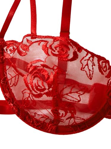 Image of Lilosy Sexy Tie Side Cute Underwire Push Up Strappy Embroidered Mesh Sheer Lingerie Set