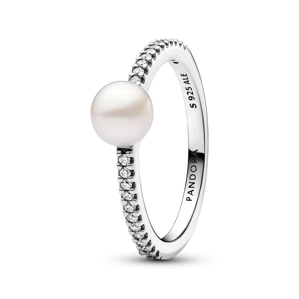 PANDORA Timeless - Anello con perle coltivate d’acqua dolce trattate bianche e punto luce con pietra di zirconia cubica incolore