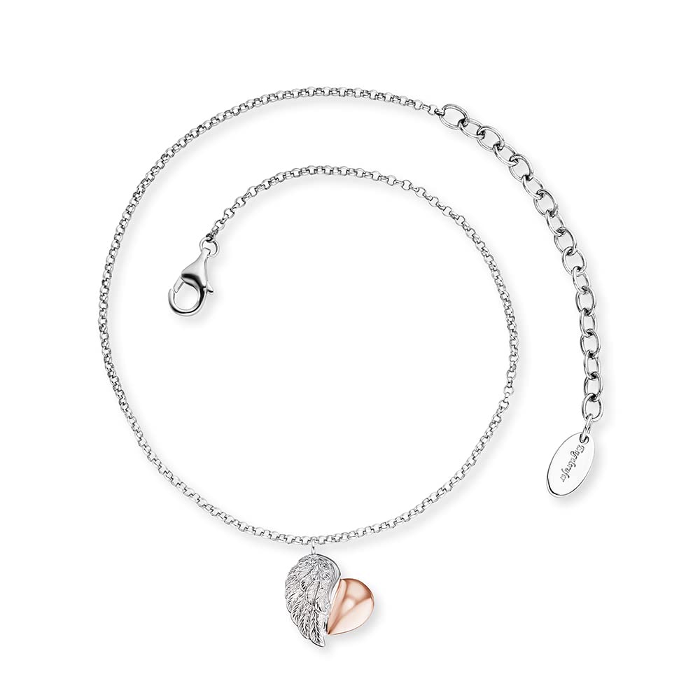 Angel Whisperer Women's Anklet Heartwing Made of Sterling Silver with Heart Pendant Bicolour Lobster Clasp - Adjustable in Length - Nickel-Free, 22, Sterling Silver, No Gemstone