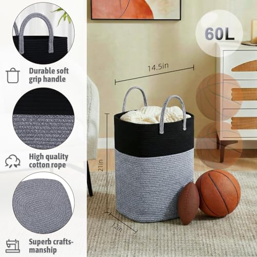 Image of Laundry Basket,Woven Cotton Rope Laundry Hamper,Versatile Storage for Dirty Clothes,Baby Toys,and Blankets in Bathroom, Nursery,and Living Room (Black, 60L)