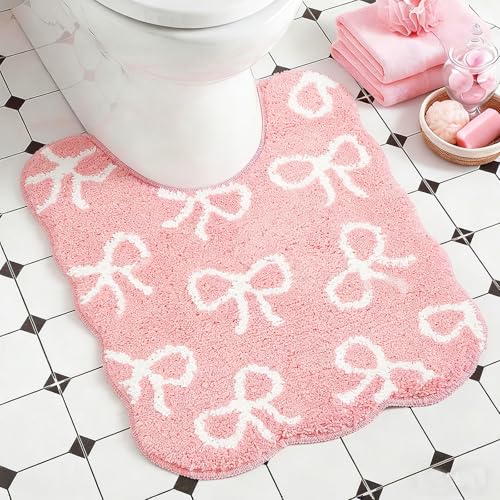 FYSUIMU Pink Bow Bathroom Rug U-Shaped Toilet Rug Soft Plush Bath Mat Non Slip Washable Floor Mat for Home Hotel Bathroom Restroom Decor