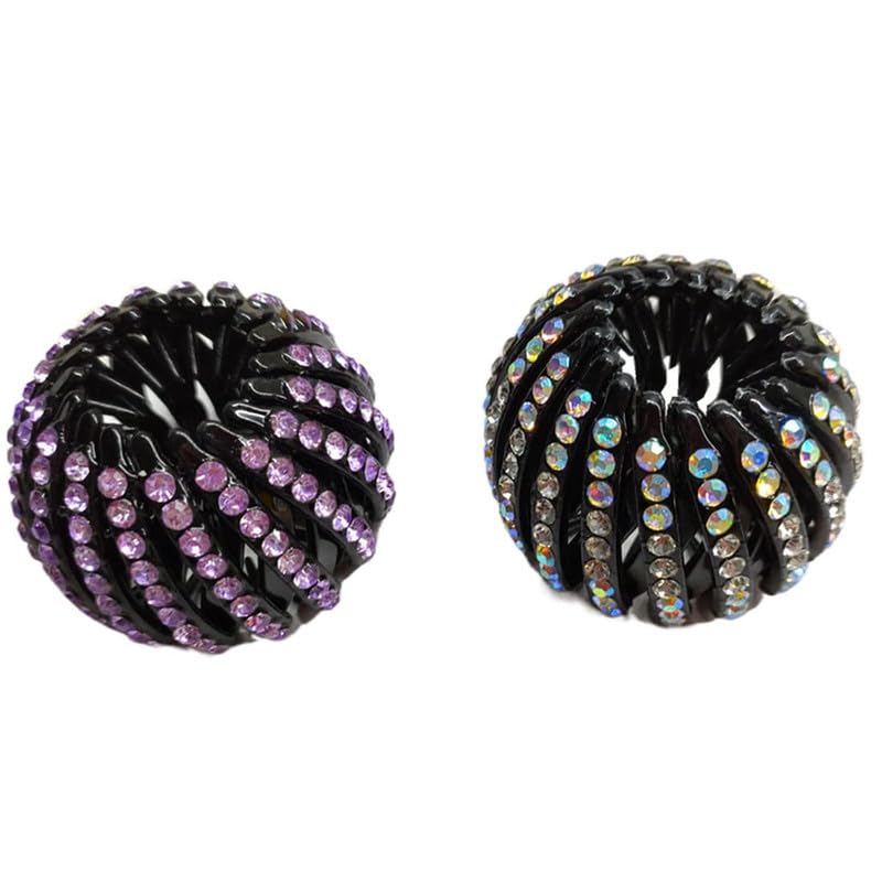 2 Pack Rhinestone Expandable Ponytail Holder – Bird Nest Hair Clip, Tail Claw Clamp & Bun Maker Accessory for Women, Stylish Sparkle & All-Day Hold