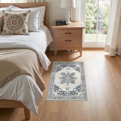 Tortania Area Rug 2x3 Doormat - Washable Vintage Oriental Farmhouse Soft Thin Indoor Carpet for Living Room Bedroom Hallway Entryway Kitchen - Indigo