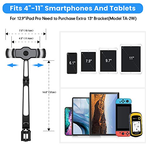 AboveTEK Sturdy iPad Holder, Aluminum Long Arm iPad Tablet Mount, 360° Swivel Tablet Stand & Phone Holder with Bracket Cradle Clamps 4-11" Devices for Kitchen Bedside Office Desk Showcase Display