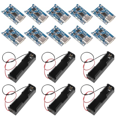 AITRIP 10 Stück Type-C USB 5V 1A 18650 Lithium Battery Charger Module Charging Board with Dual Protection Functions + 6 Stück Single Slot 3.7V 18650 Batteriehalter mit Wire Leads
