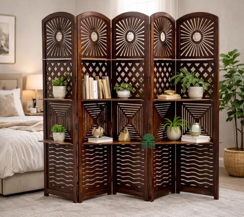 Image of Wooden Room Divider 6 Feet, 5-Panel Folding Wooden Partition for Living Room, Office, Pooja Room, Restaurant, Kitchen & Balcony