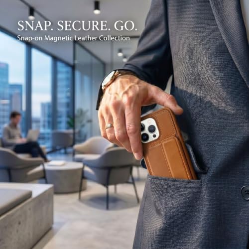 Image of amazon basics Luxury Vegan Leather Back Cover for iPhone 15 Pro | Built-in Card Holder Slot | Integrated Mobile Stand | Slim Shockproof Protective Case with Stitched Finish - Tan