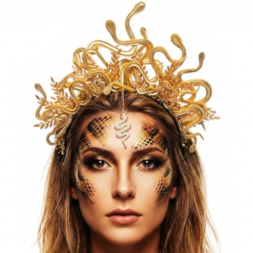 Reaky Schlangen Stirnband Medusa Kopfschmuck Gold Schlange Stirnbänder Karneval Kostüm Haarschmuck für Damen