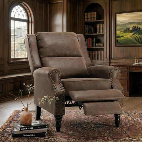 Image of Leather Recliner Chair with Adjustable Backrest & Footrest, Brown | Adjustable Backrest & Footrest, Medieval Style Overstuffed Arms, Quality Faux Leather