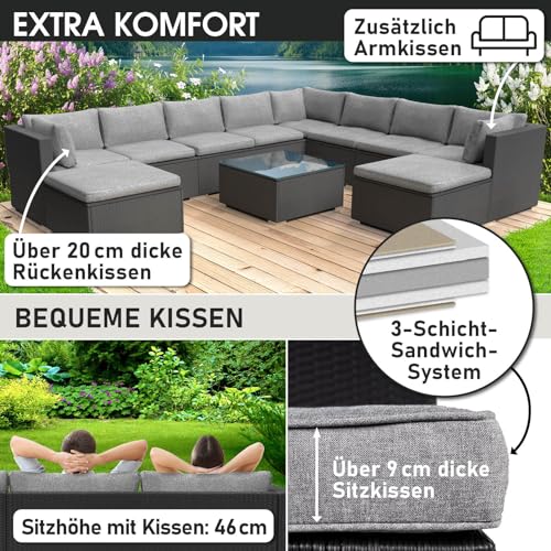 BRAST® Gartenmöbel Lounge Set XXL | 8-12 Personen viele Modelle & Farben | inkl. extra Dicke Kissen | TÜV geprüft | Outdoor Loungemöbel Sitzgruppe Essgruppe Garnitur | Freedom Schwarz