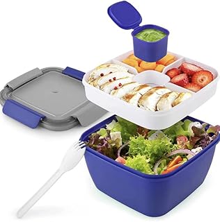 Salad Container Lunch Box Bento Box for Adults Kids with 3 Compartments, Dressing Tub, 1100ml Leak Proof Salad Bowl, Spork Included, Microwave & Dishwasher Safe, Ideal for School/Work, BPA-Free (Blue)