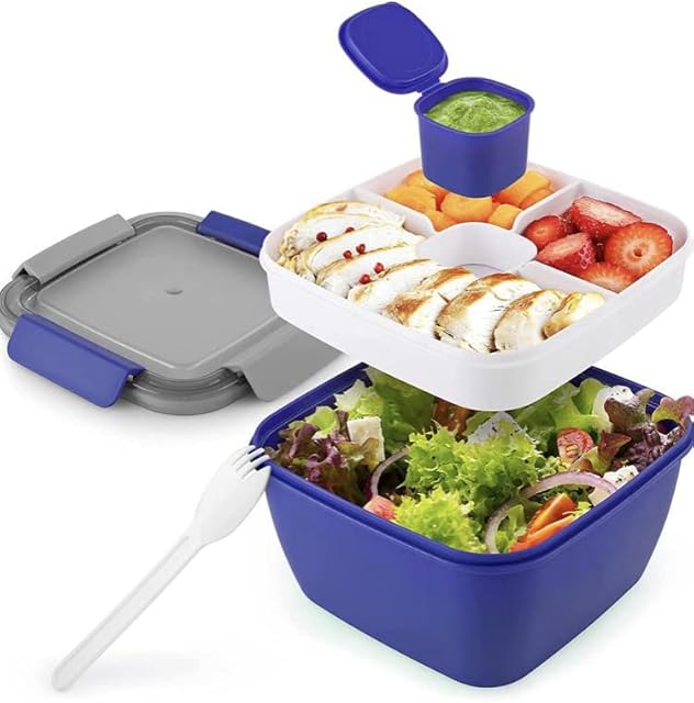 Salad Container Lunch Box Bento Box for Adults Kids with 3 Compartments, Dressing Tub, 1100ml Leak Proof Salad Bowl, Spork Included, Microwave & Dishwasher Safe, Ideal for School/Work, BPA-Free (Blue)