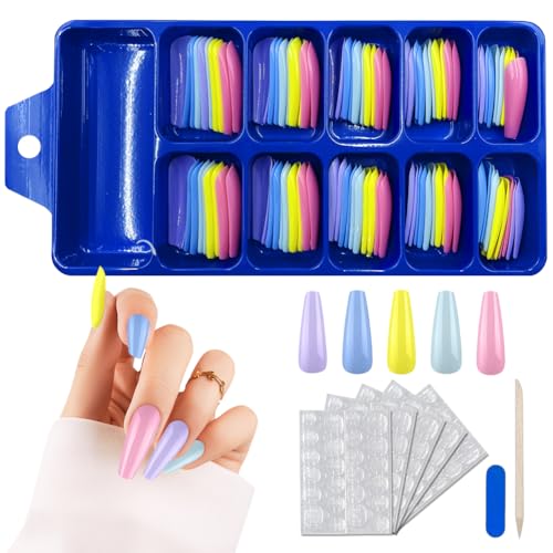 VZXQX Uñas Postizas Largas Colores, 100 Piezas Uñas Postizas Adhesivas con Diseños Puntas de Uñas Postizas Acrilicas, Bailarina Uñas Postizas con Pegatinas Adhesivo para Mujeres y Niñas Manicura