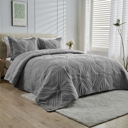 Image of Kingnex Oversized King Bedspreads 128x120 for Tall King or Cal King Bed Ultrasonic Quilted Coverlet Set 3 Piece Include 1 Extra Wide Quilt 2 Pillowcases Dark Grey