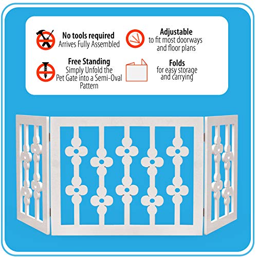 Etna White Floral Wooden Pet Gate - Freestanding Foldable Adjustable 3-Section Dog Gate. Extra Wide, Keeps Pets Safe Indoors/Outdoors - Fully Assembled - Thumbnail 2