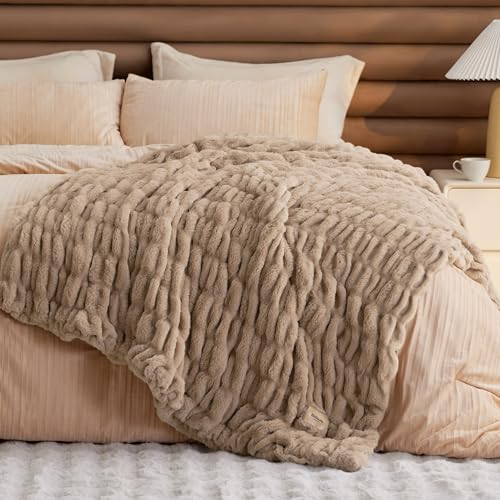 Bedsure Gentlesoft Fluffy Cozy Faux Fur Throw Blanket for Couch Soft Fuzzy Plush Furry Blanket Double-Sided Faux Rabbit Fur Thick Warm Chair Throws Luxury Gifts for Women 50 X 60 Light Brown