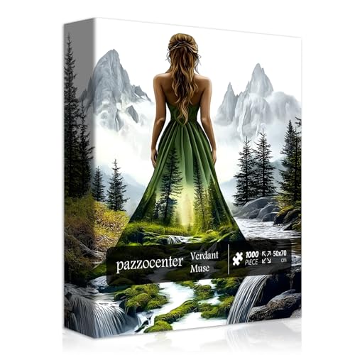 Rompecabezas para adultos de 1000 piezas: Mujer en paisaje boscoso, escena montañosa y fluvial, rompecabezas de naturaleza con temática femenina miniatura 1