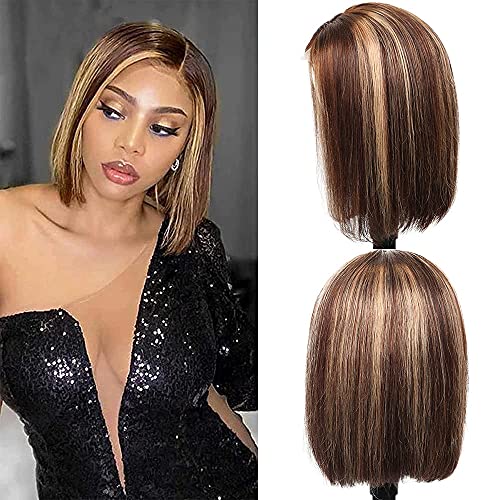 Highlight 4/27 Bob Wigs Pre Plucked 13x6 Piano Color Transparent Lace Front Wigs Human Hair for Women Glueless Ombre Brown Lace Front Wig with Baby Hair Straight 14 Inch