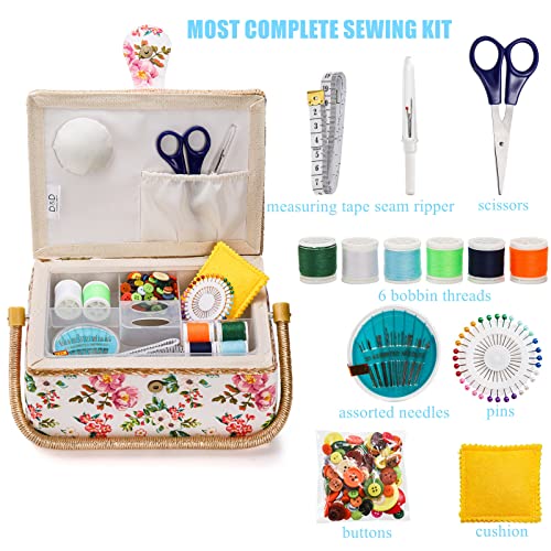 ZOOFOX Sewing Basket with Accessories, Wooden Sewing Kit Storage Box with Removable Tray, Vintage Sewing Kits Carrying Bag for Sewing Mending, Beginner, Professional, Floral Print