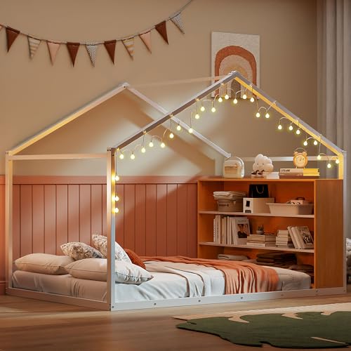 Bellemave Montessori Floor Bed with Storage Shelf, Full Floor Bed with Slats and LED Lights, Metal House Floor Bed for Kids, Full Size Montessori Bed White