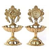 SATVIK 2 Pc Pair of Brass Designer Shankh Chakra Diya Traditional Indian Festive Diwali Puja Pooja Mandir Home Temple Oil Lamp Dia Indian Housewarming Return Gift Items