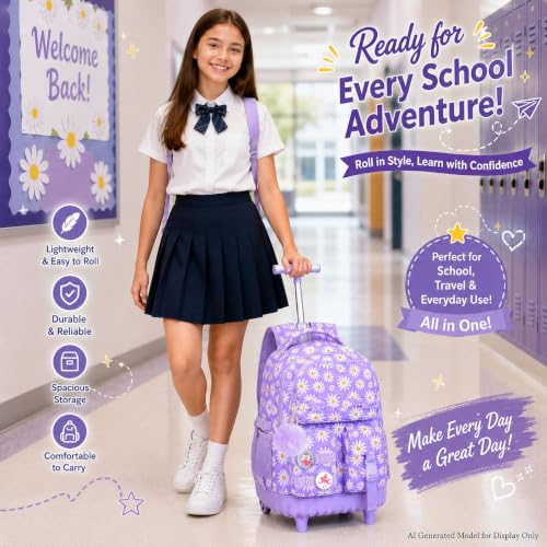 Image of CCJPX Rolling Backpack for Girls, 3Pcs Roller Wheeled School Bookbag, Daisy Wheels Backpacks with Lunch Box for Kids (Purple)