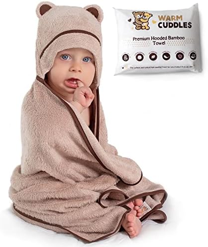 WARM CUDDLES Premium Hooded Baby Towel - Organic Bamboo Baby Beach Towel - Baby Newborn Towel with Hood - Large Hooded Towel for Newborn Infant Boy Girl (Beige)