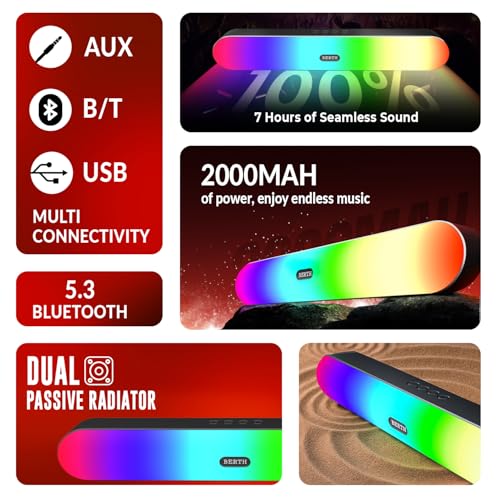Image of BERTH Venero SB75 16W Bluetooth Soundbar | 2.0 Channel | 2000 mAh Battery | BT v5.3 | TWS Pairing | Dual Passive Radiators | AUX /FM /TF | RGB Lights | Up to 7 H Playtime | Wireless Bluetooth Speaker
