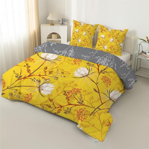 buyluhn Edredón tamaño matrimonial con diseño floral blanco, reversible, para todas las estaciones, 7.5 tog, edredón de ramas de flores rojas, lavable a máquina, para cama, verano, invierno, ligero, 2