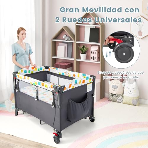 GOPLUS Cuna de Viaje Bebe 5 en 1 con Cambiador, Colchón, Juguetes Colgantes, Caja de Música, Altura Ajustable, Ruedas, Centro de Actividad, Cama Plegable para Bebé 0-3 Años, Carga 15 kg (Gris) - imagen 7