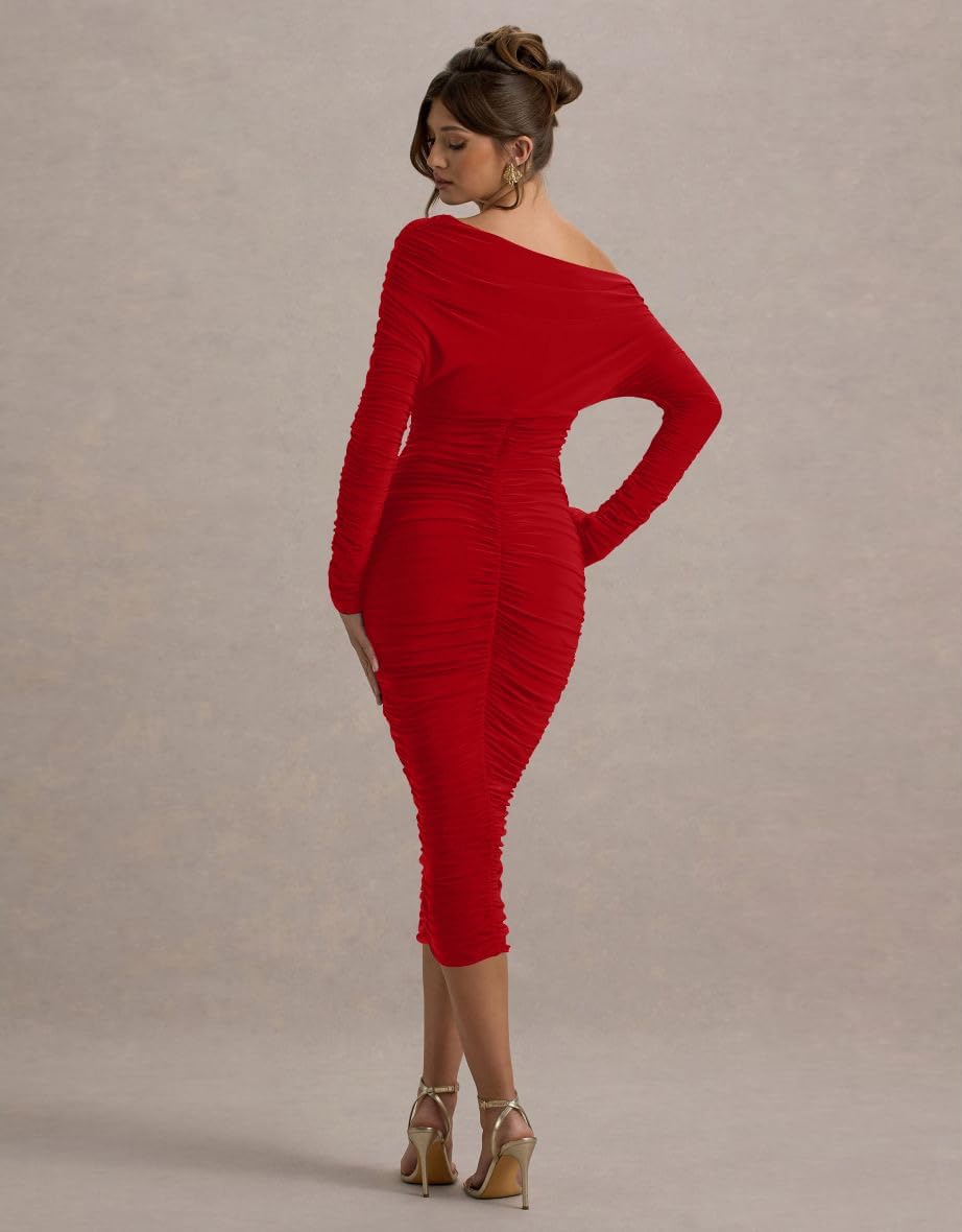 LAGSHIAN Women's Elegant Bodycon Long Sleeve Midi Dress Fall Off The Shoulder Ruched Cocktail Party Dresses - Image 5