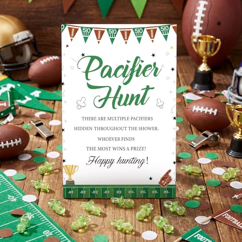 Image of Thyle 51 Pcs Football Pacifier Hunt Baby Shower Games Forest Animal Baby Shower Game Decoration Include Hunt Sign and Acrylic Pacifiers Touch Down It's a Boy Gift Sets for Gender Reveal Party Decor