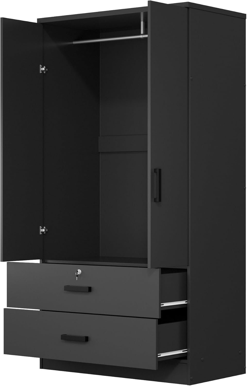 Wooden Household Furniture Cabinet Woodpeckers Furniture and Mattress 2-Door Closet with 2-Drawers (Black)