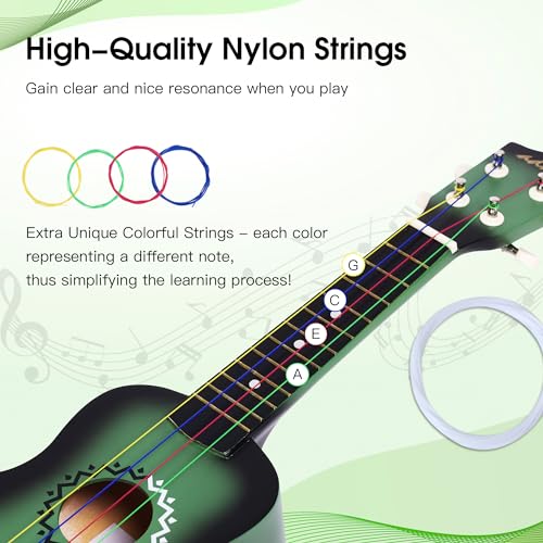 Image of ADM Ukulele for Beginners Hawaiian Wood Ukelele Kit for Kids Adult Student Starter Professional Ukalelee Pack Bundle with Free Lessons Gig Bag Strap Nylon String Tuner (Greenbrust, 21 Inch)