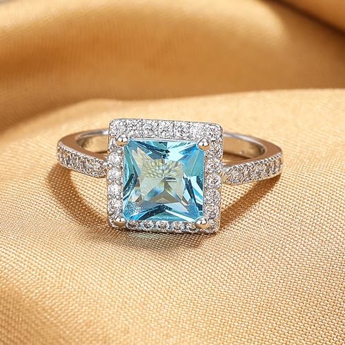 Eternal Wedding Ring, S925 Sterling Silver Mosonite Set with 3 Carat Topaz Princess Square Blue Cultivated Zircon Engagement Ring, CZ Promise Ring, Valentine's Day and Christmas Gift(US Size-8)2