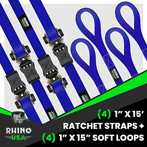 Rhino Usa Ratchet Tie Down Straps (4Pk) - 1,823Lb Guaranteed Max Break Strength, Includes (4) Premium 1" X 15' Rachet Tie Downs With Padded Handles. Best For Moving, Securing Cargo (Blue 4-Pack) #TOP5