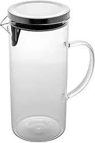 Jarra de Vidro Borossilicato com Tampa Hermética Removível em Silicone e Aço Inoxidável, 1500ml, para Bebidas Quentes e Frias, Alça Resistente, Bico Antigotejamento