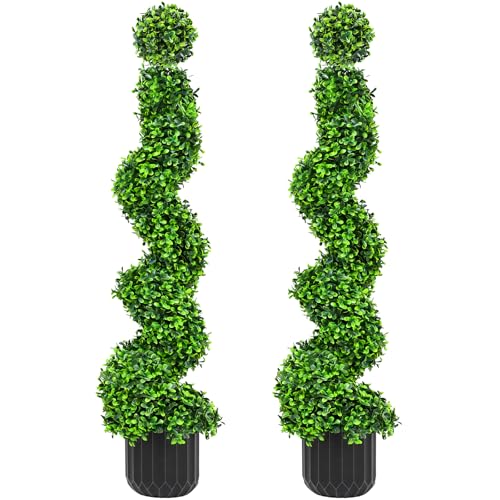 2 Pack 3FT Artificial Spiral Topiary Trees, Realistic Boxwood Trees, Evergreen PE Faux Plants with Durable Pot, Outdoor & Indoor Year-Round Garden, Patio, Porch, Home Entryway Decor