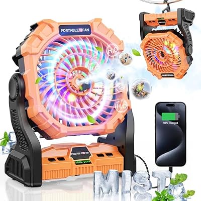 BAIWU Misting Fan Portable,12000mAh Rechargeable Battery Powered Fan with RGB Light, Personal Cooling Camping Fan for Tents with Timer&Hook, Camping Gear for Fishing, Beach, Travel,Hurricane(Orange)