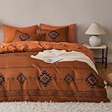 Wake In Cloud - Western Comforter Set, Boho Southwestern Farmhouse Style with Aztec Diamond Geometric Pattern, Soft Lightweight Bedding, 3 Pieces, Burnt Orange, King Size