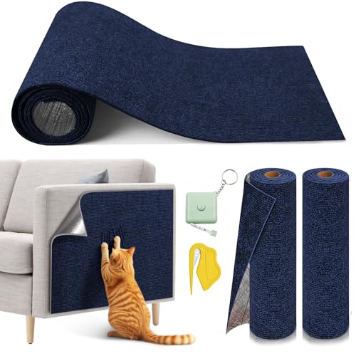 Image of 2 Pcs 40 x 16 in Cat Scratch Furniture Protector with Cutter Slider and Measuring Tape, Trimmable Self-Adhesive Cat Scratch Carpet, Suitable for DIY Cat Tree Stands, Sofas,Cat Tower