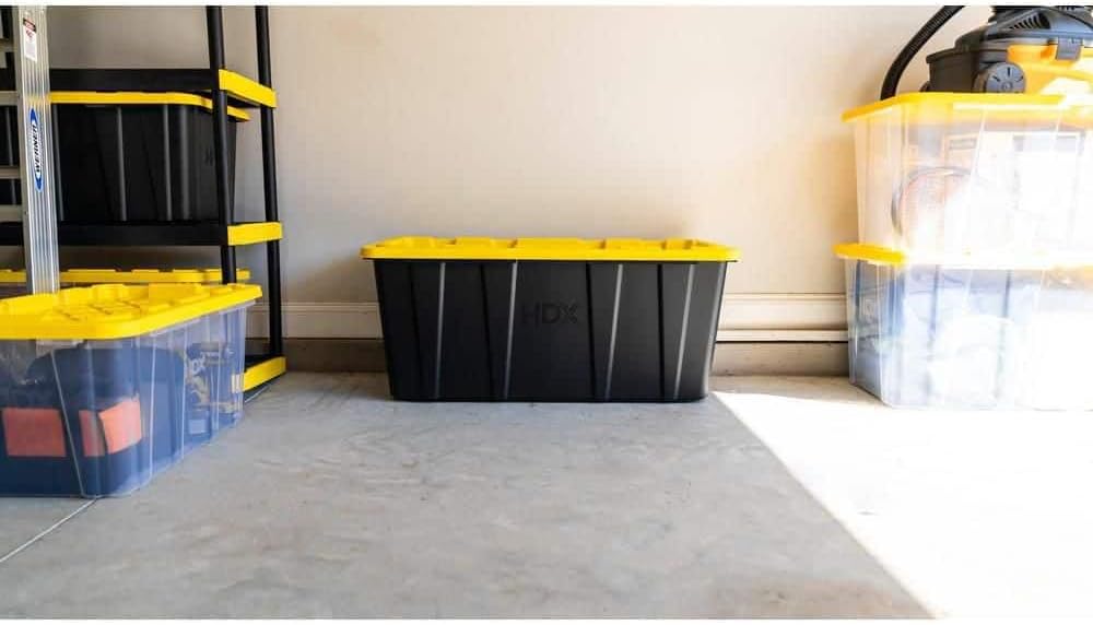 57 Gallon Tough Storage Tote with Snap-On Lid, Black with Yellow Lid, Stackable
