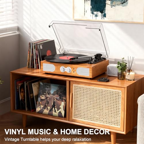 Image of Vinyl Record Player with Built-in Speakers 3-Speed Vintage Record Player Support Treble& Bass Control, 3.5mm Headphone Jack, RCA-Out /Aux in, Belt-Driven LP Turntable,Natural Wood