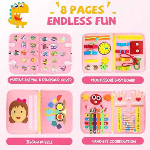Image of Toddler Busy Board, Montessori Sensory Toys for Boys, 3-8 Year Old Girl Toddler Travel Toys, Educational Learning Activities Board for Motor Skills, Birthday Gifts for Airplane Car, Pink