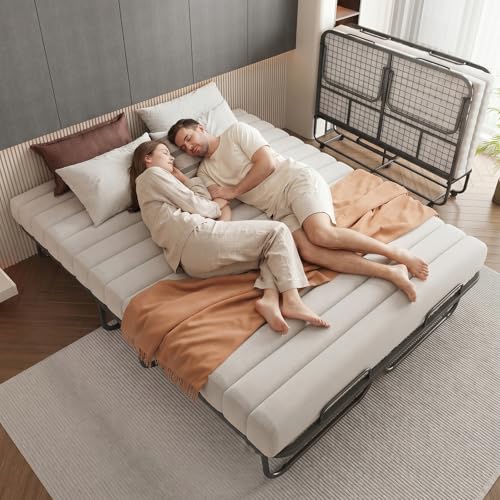 RAOGIE 79x59 Folding Bed with 13CM Memory Mattress Queen Size Double Portable Bed for Adults Roll Away Foldable Beds on Wheels Hideaway Save Space