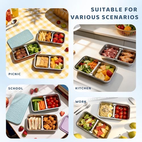 Mostdream 3 Pack 15 oz Stainless Steel Snack Containers for Kids, Reusable Metal Snack Containers with Silicone Lids, 2 Compartment Stackable Metal Toddler Lunch Box for Daycare, School and Outdoor