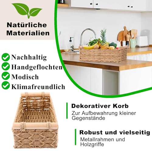 LOLYSIC 2 Stück Aufbewahrungskorb Badezimmer, Aufbewahrungskorb Geflochten mit Holzgriffen, Deko Aufbewahrungsbox, Rattankorb aus Gewebtem, Stapelbare Regalkörbe (30x20x10CM / 25x15x8CM)