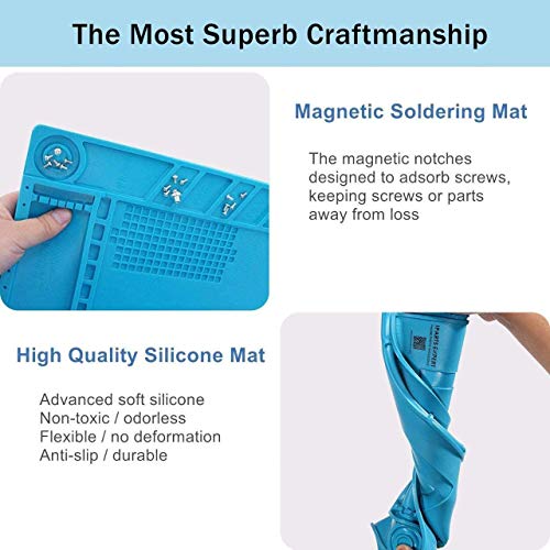 Heat Insulation Silicone Repair Mat with Screwdriver Repair Tool Set and anti-static wrist strap, Tweezer & Scraper for Soldering Iron, Phone and Computer Repair Size:17.7 x 11.8 Inches