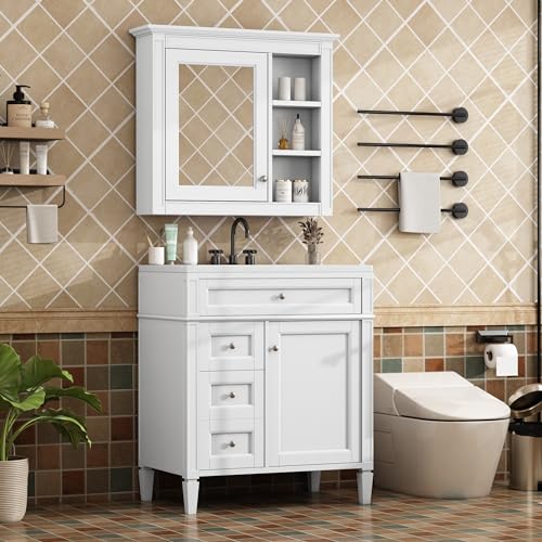 Armario de medicina para baño Merax con espejo, armario de almacenamiento para baño montado en pared con puerta espejada y 3 estantes ajustables, armario ahorrador de espacio sobre el inodoro miniatura 5